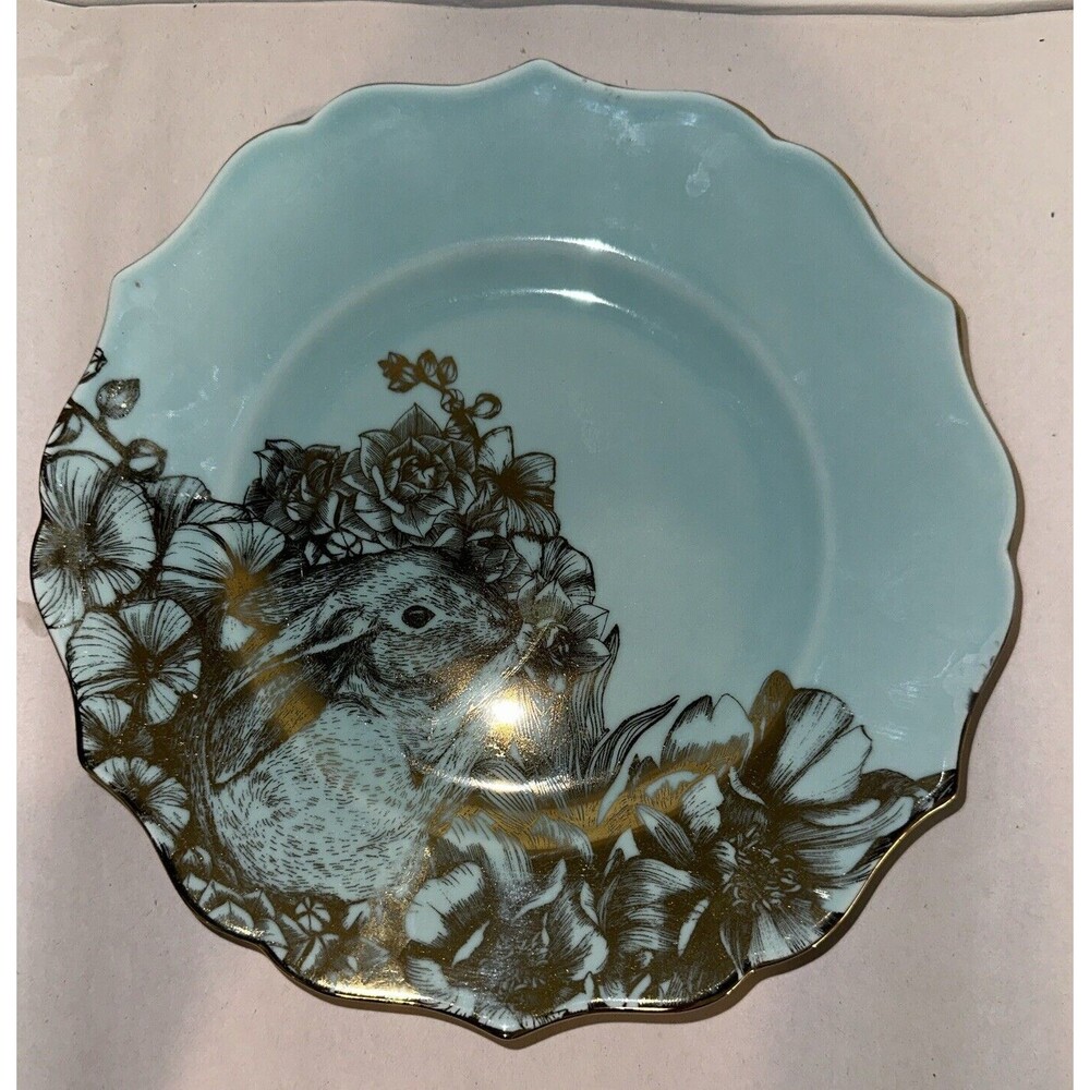 222 FIFTH GARDEN PLAYTIME BUNNY GOLD & TURQUOISE 8.5" Salad Plate - Picture 2 of 9